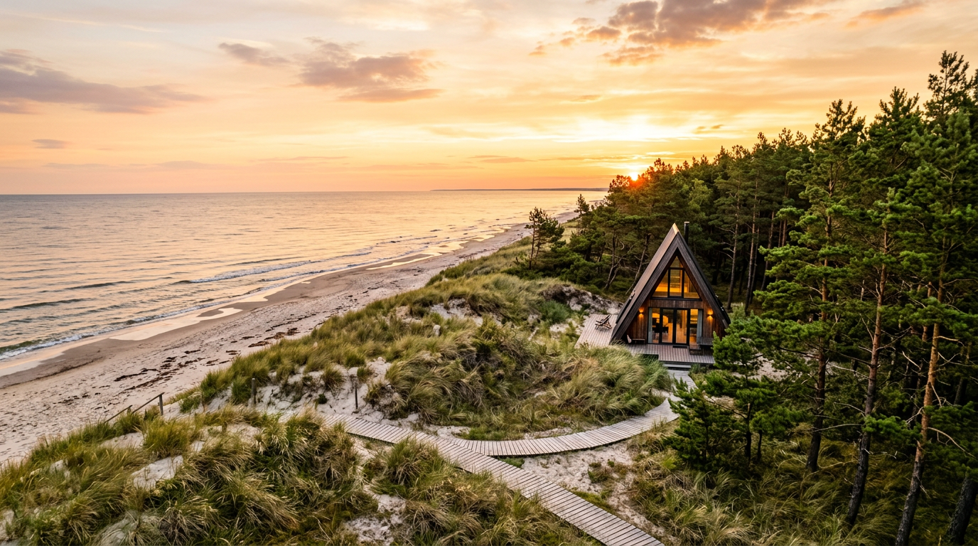 A modern Scandinavian-style beach house in Poland tucked behind Baltic sand dunes. Images and Photos created by www.cheap-beach-house.com