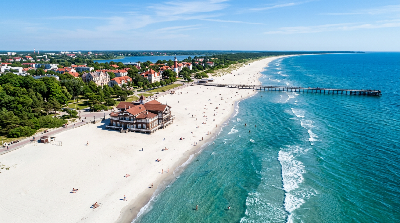 A wide white sandy beach in Liepaja, Latvia with a blue sky and sea. Images and Photos created by www.cheap-beach-house.com