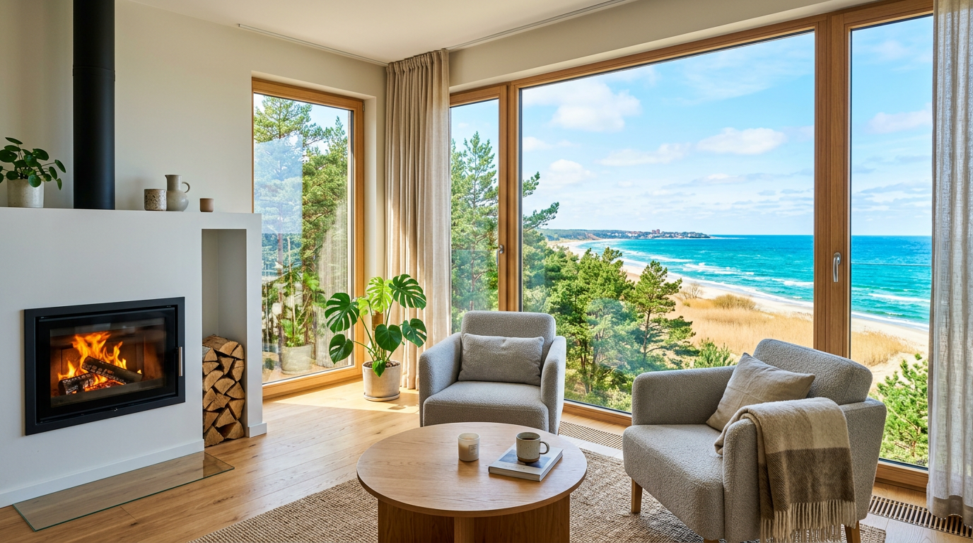 Cozy minimalist interior of a Baltic beach apartment overlooking coastal pine forests. Images and Photos created by www.cheap-beach-house.com