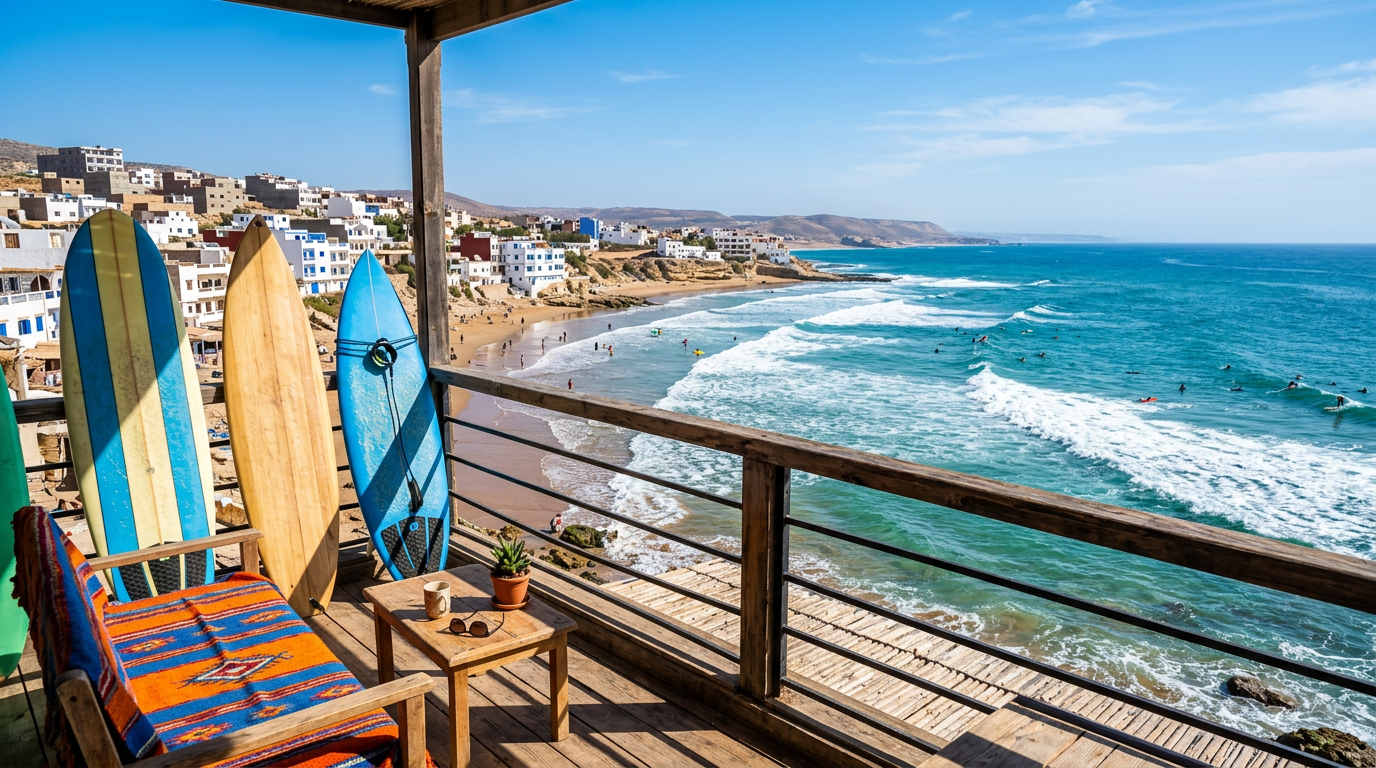 Oceanfront balcony view in Taghazout, Morocco looking out at the Atlantic surf. Images and Photos created by www.cheap-beach-house.com