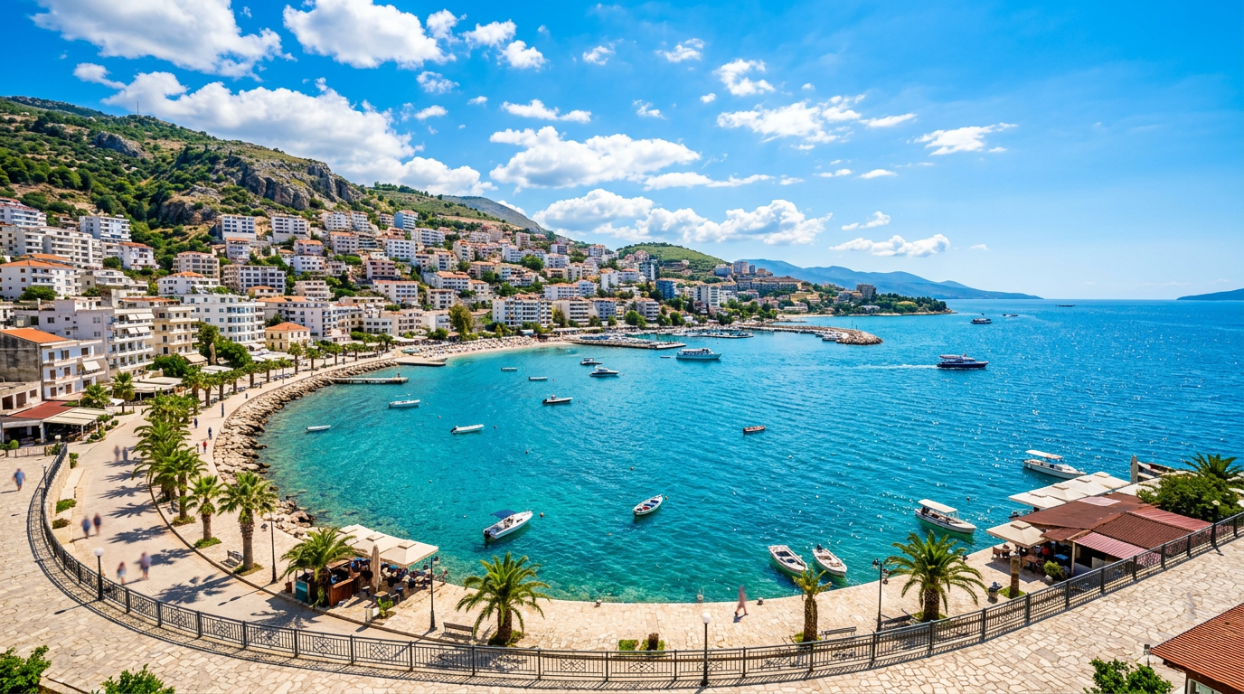 Sarandë beachfront bay with turquoise waters and buildings on the hill in Albania. Images and Photos created by www.cheap-beach-house.com
