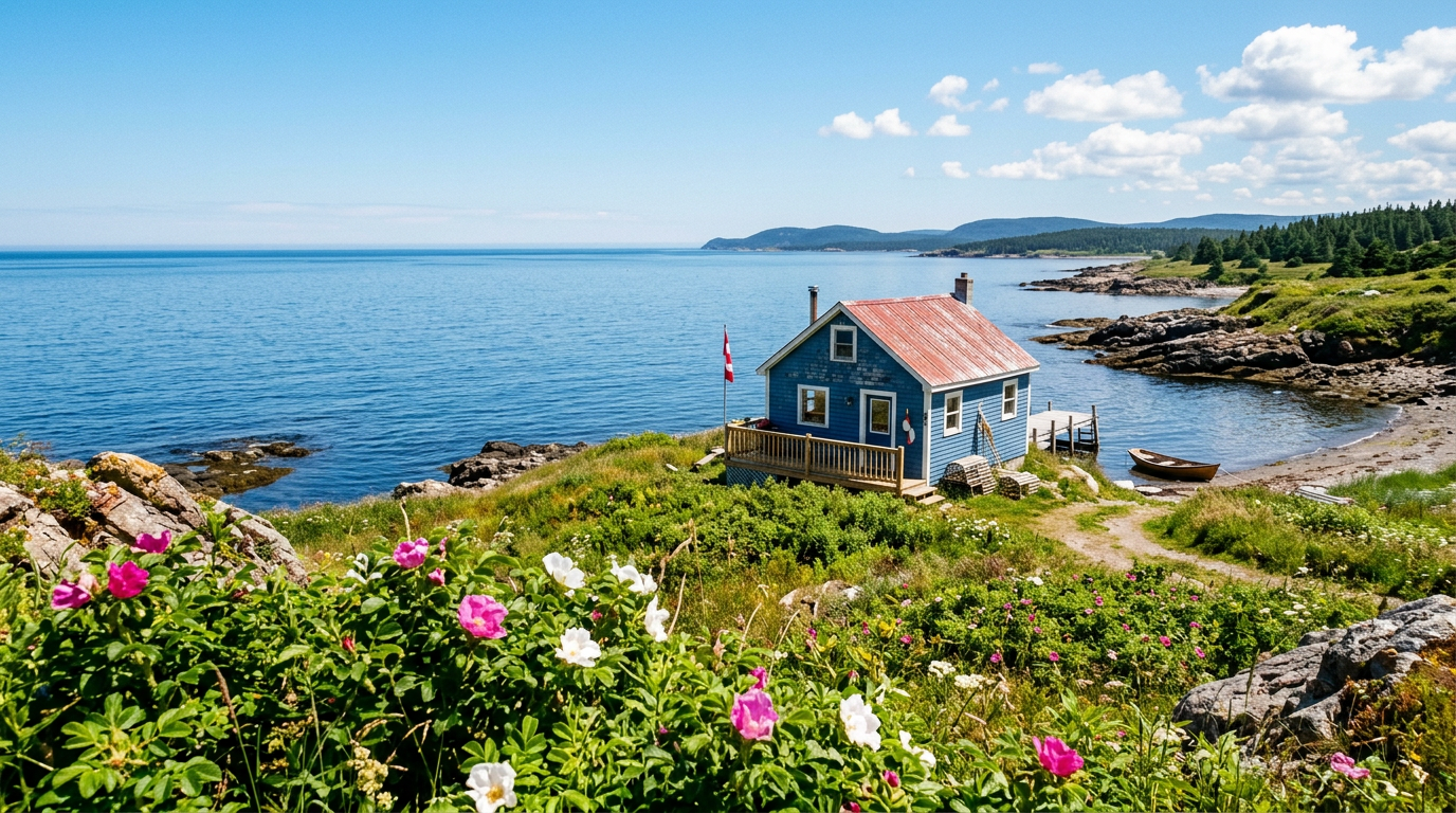 Affordable oceanfront cottage in Nova Scotia with red roof and blue ocean view. Images and Photos created by www.cheap-beach-house.com