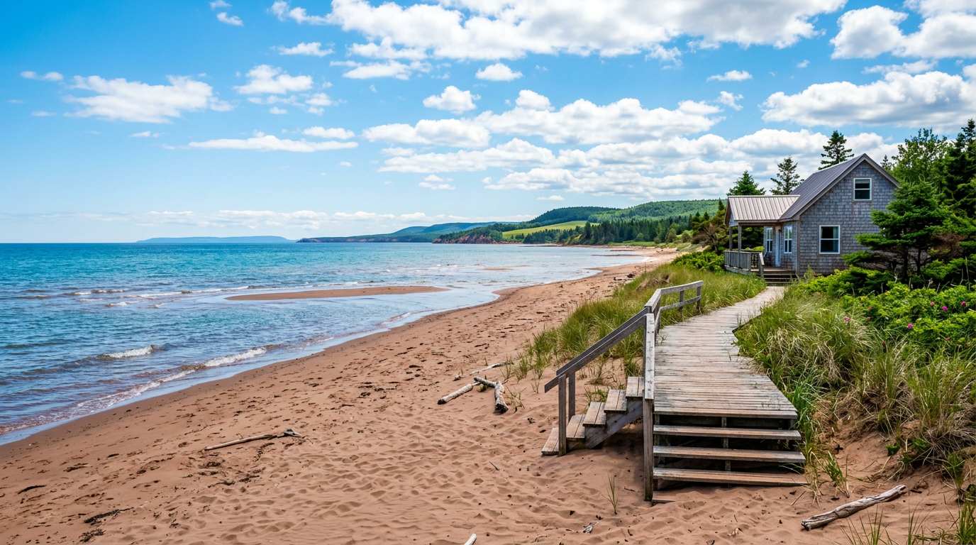 Shallow sandy beach and rustic coastal home along the Northumberland Strait in New Brunswick. Images and Photos created by www.cheap-beach-house.com
