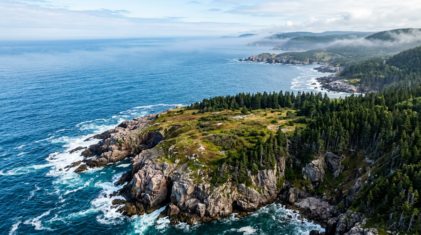 Aerial view of rugged oceanfront land for sale on the coast of Atlantic Canada. Images and Photos created by www.cheap-beach-house.com