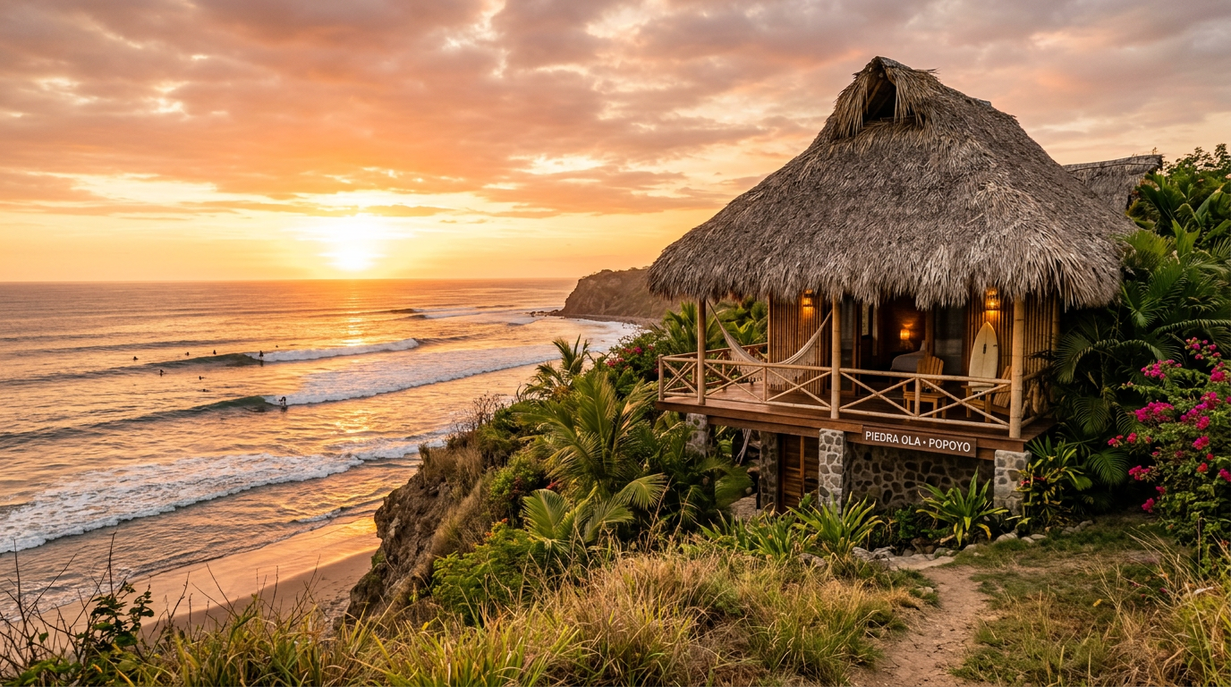 Rustic-chic surf villa overlooking the ocean in Popoyo, Nicaragua. Images and Photos created by www.cheap-beach-house.com