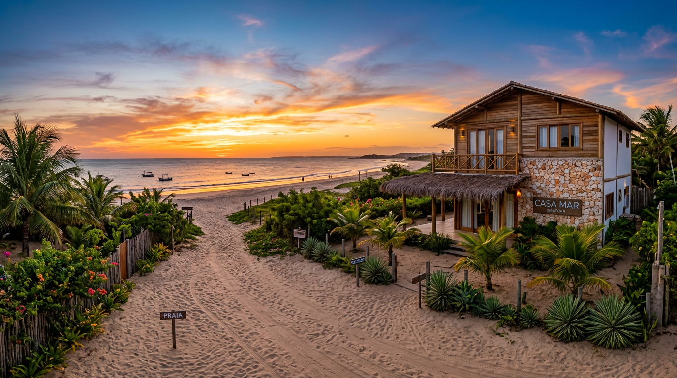 Coastal villa near the beach in São Miguel do Gostoso, Brazil at sunset. Images and Photos created by www.cheap-beach-house.com