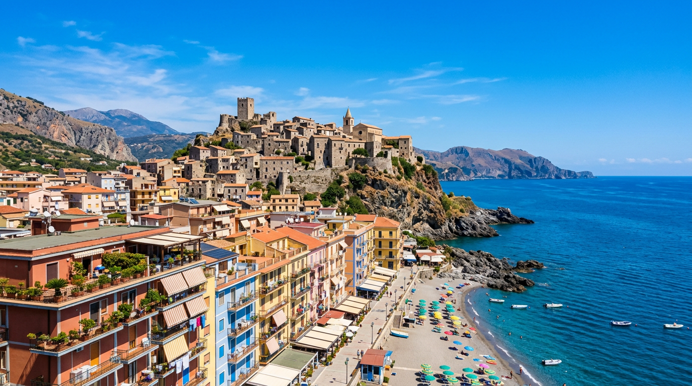 Affordable sea view apartments in Scalea, Calabria, Italy. Images and Photos created by www.cheap-beach-house.com