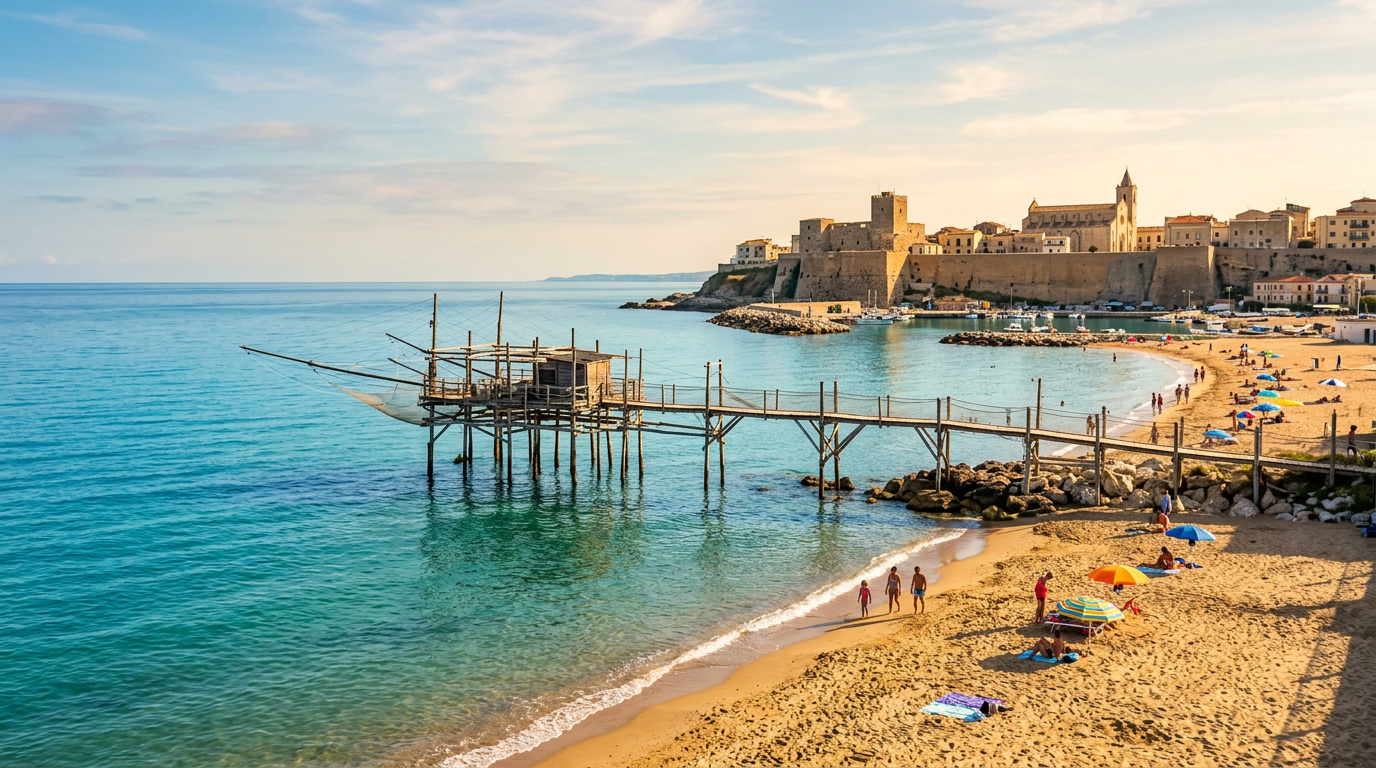 The sandy coastline and historic trabocco of Termoli, Molise. Images and Photos created by www.cheap-beach-house.com