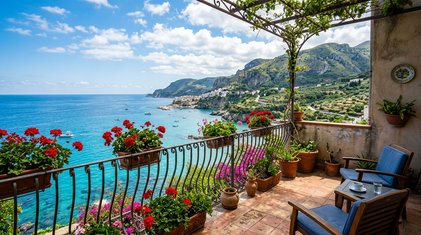 Italian beach condo balcony view of the Ionian Sea. Images and Photos created by www.cheap-beach-house.com