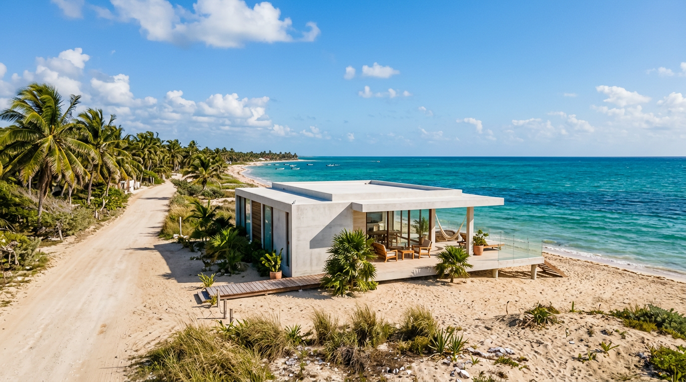 Affordable beachfront home in Chelem, Yucatan, Mexico with calm emerald water. Images and Photos created by www.cheap-beach-house.com