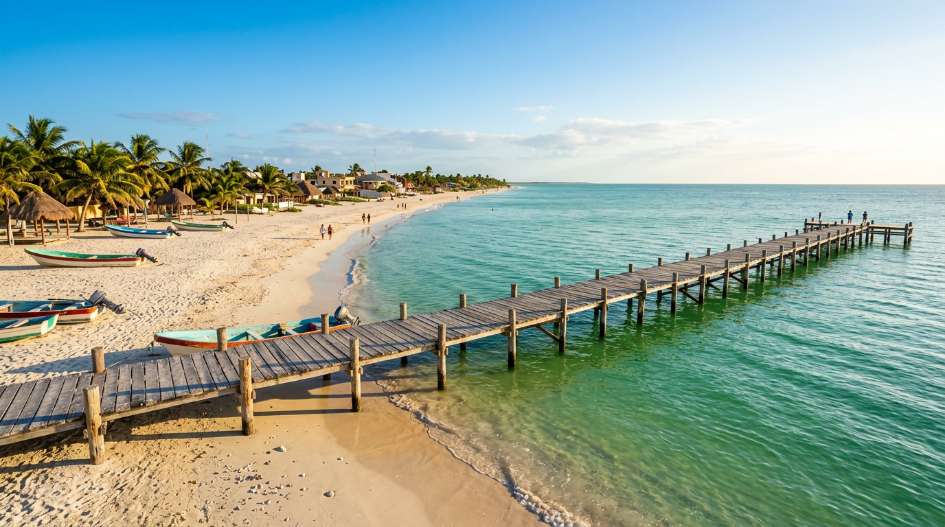 Pristine white sand beach and calm water in the coastal town of Sisal, Mexico. Images and Photos created by www.cheap-beach-house.com