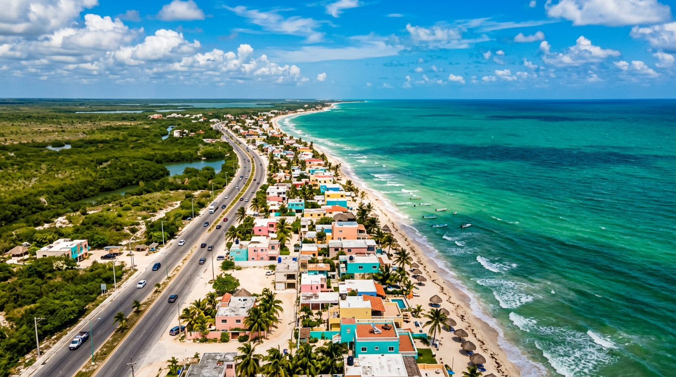 Aerial view of colorful beach houses along the Emerald Coast of Yucatan, Mexico. Images and Photos created by www.cheap-beach-house.com