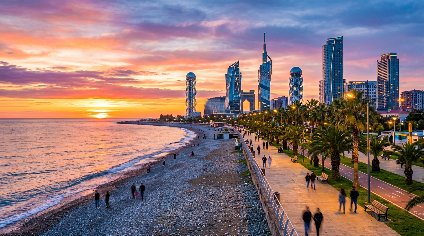 Modern beachfront high-rises in Batumi Georgia at sunset. Images and Photos created by www.cheap-beach-house.com