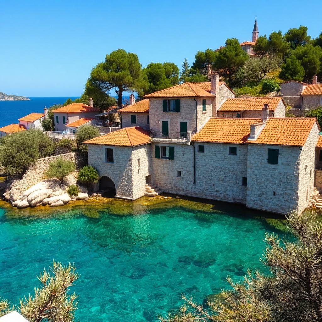 Stone village house above a Dalmatian cove with crystal water — cheap beach houses in Croatia. Images and Photos created by www.cheap-beach-house.com