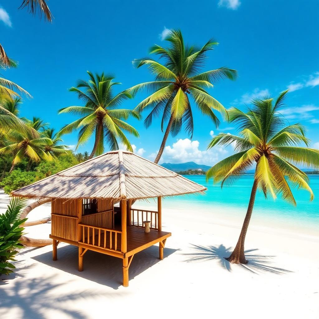 Bamboo bungalow on a turquoise Indonesian beach with palm trees — cheap beach houses in Indonesia. Images and Photos created by www.cheap-beach-house.com