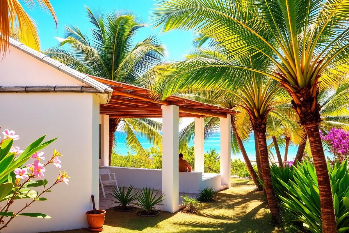 Whitewashed villa in a frangipani garden on Nosy Be, Madagascar — cheap beach houses in Madagascar. Images and Photos created by www.cheap-beach-house.com