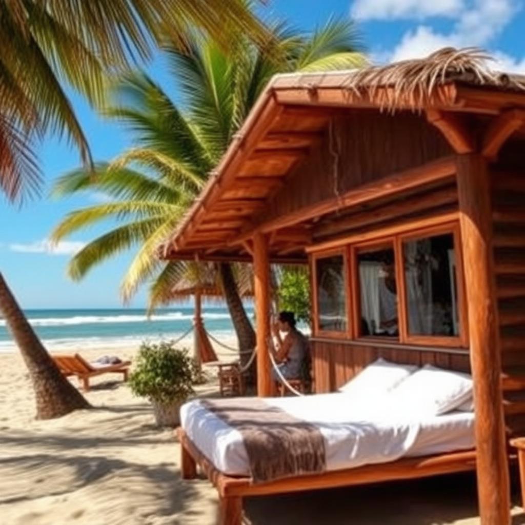 Wooden beach bungalow on the warm north coast of Peru — cheap beach houses in Peru. Images and Photos created by www.cheap-beach-house.com