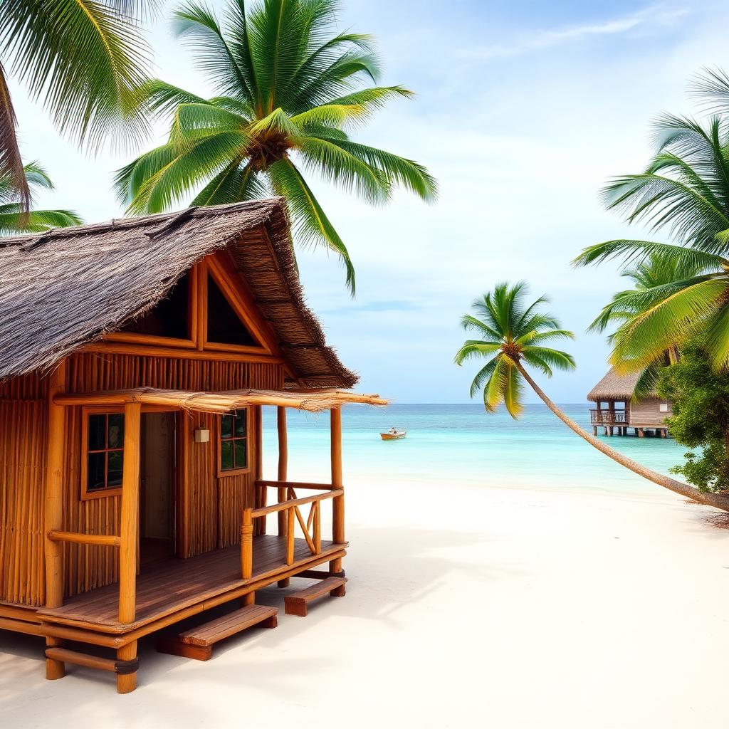 Nipa bamboo cottage on a white sand beach in the Philippines — cheap beach houses in Philippines. Images and Photos created by www.cheap-beach-house.com