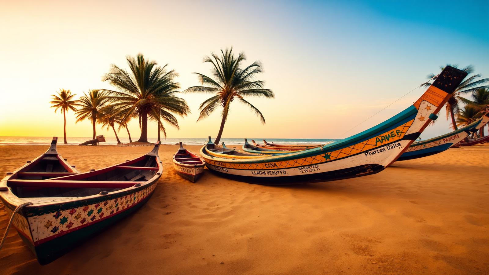 Painted wooden pirogue fishing boats on a golden beach in Senegal — cheap beach houses in Senegal. Images and Photos created by www.cheap-beach-house.com