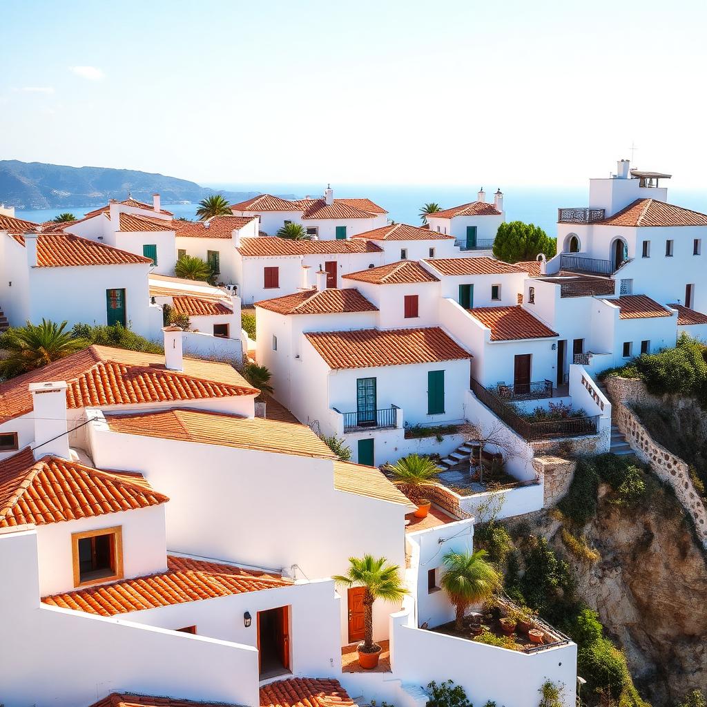 White Andalusian coastal village houses above the Mediterranean — cheap beach houses in Spain. Images and Photos created by www.cheap-beach-house.com