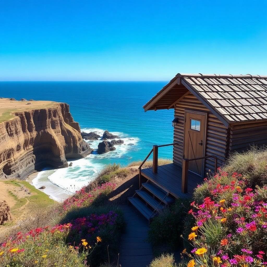 Wooden beach cabaña above the Pacific in central Chile — cheap beach houses in Chile. Images and Photos created by www.cheap-beach-house.com