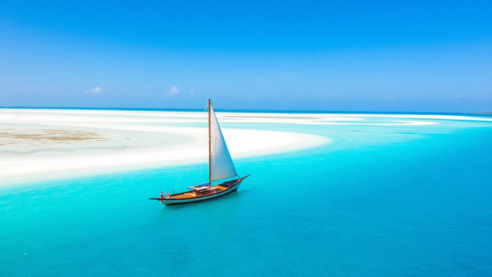 Traditional dhow sailing over turquoise water near the Bazaruto Archipelago, Mozambique — cheap beach houses in Mozambique. Images and Photos created by www.cheap-beach-house.com