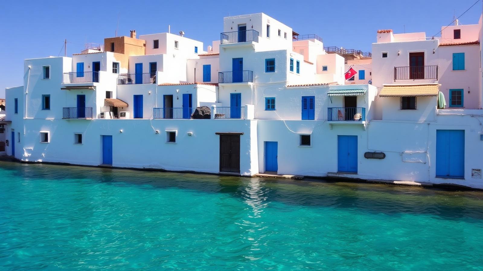 Whitewashed blue-and-white medina houses above turquoise water in Mahdia, Tunisia — cheap beach houses in Tunisia. Images and Photos created by www.cheap-beach-house.com