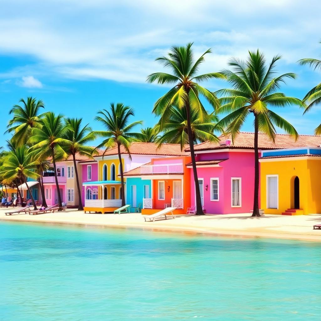 Colourful colonial houses lining a Caribbean beach in Colombia — cheap beach houses in Colombia. Images and Photos created by www.cheap-beach-house.com