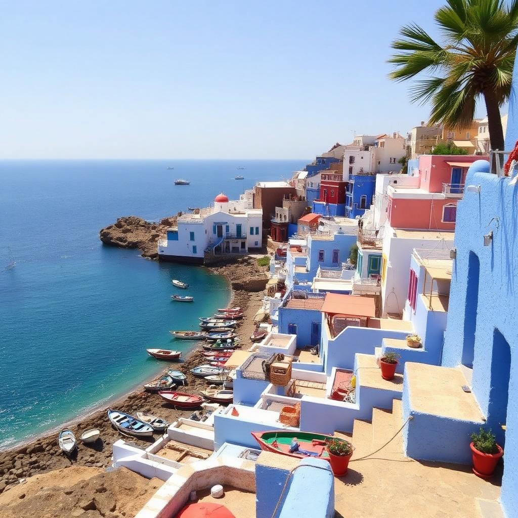 Blue-painted Moroccan coastal town with fishing boats — cheap beach houses in Morocco. Images and Photos created by www.cheap-beach-house.com