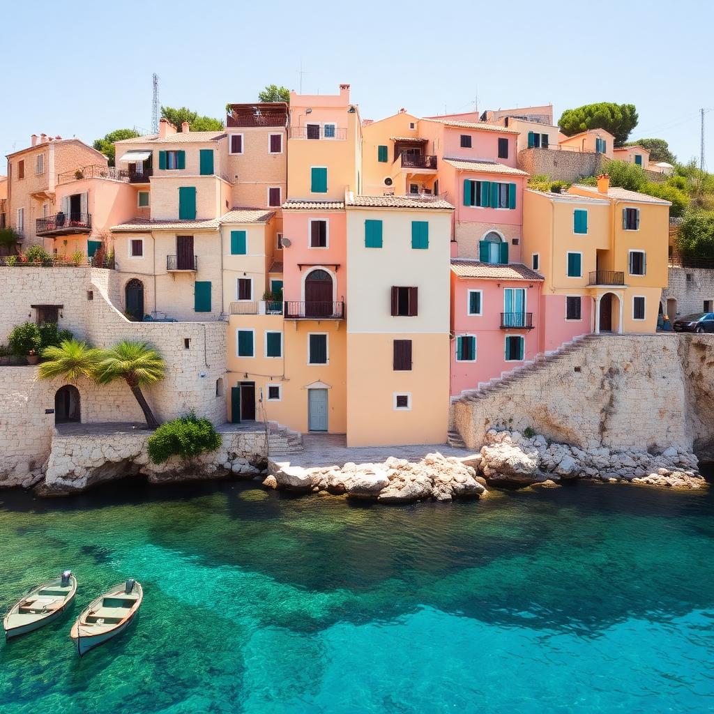 Pastel-coloured stone houses above a turquoise cove in southern Italy — cheap beach houses in Italy. Images and Photos created by www.cheap-beach-house.com
