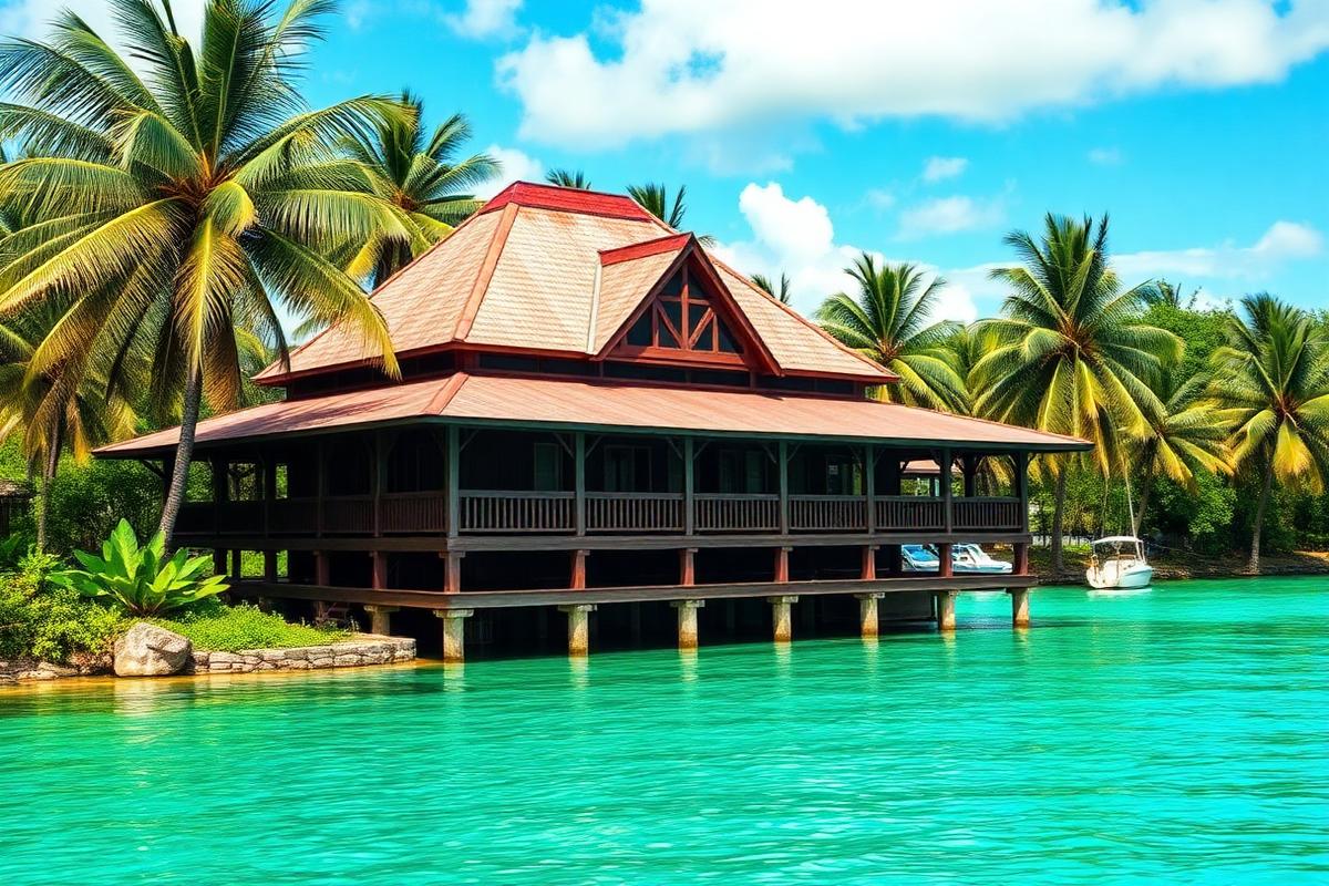 Elevated louvred tropical house beside a turquoise lagoon in Papua New Guinea β cheap beach houses in Papua New Guinea. Images and Photos created by www.cheap-beach-house.com