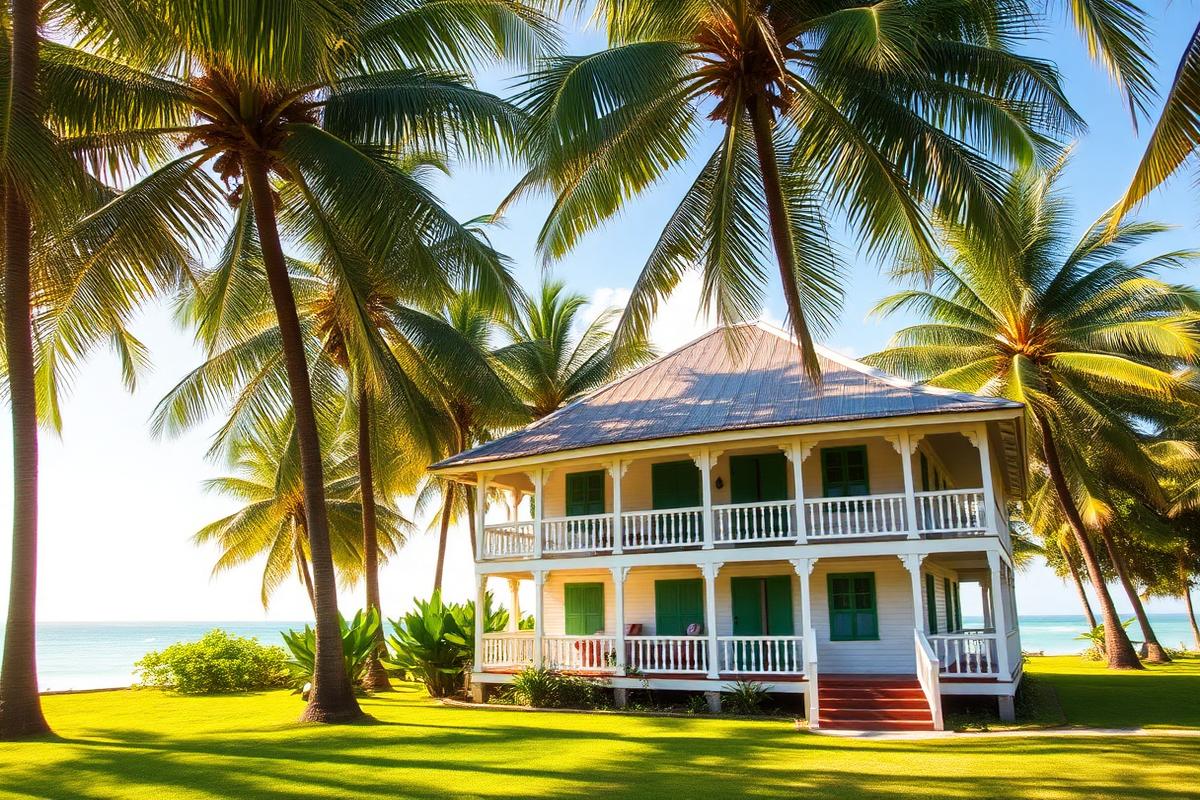 Painted wooden Surinamese house with verandah under tall coconut palms on the Coronie coast — cheap beach houses in Suriname. Images and Photos created by www.cheap-beach-house.com
