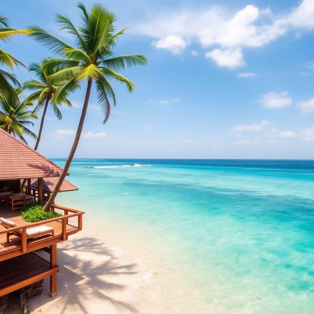Palm-lined tropical beach with turquoise water in southern Sri Lanka — cheap beach houses in Sri Lanka. Images and Photos created by www.cheap-beach-house.com
