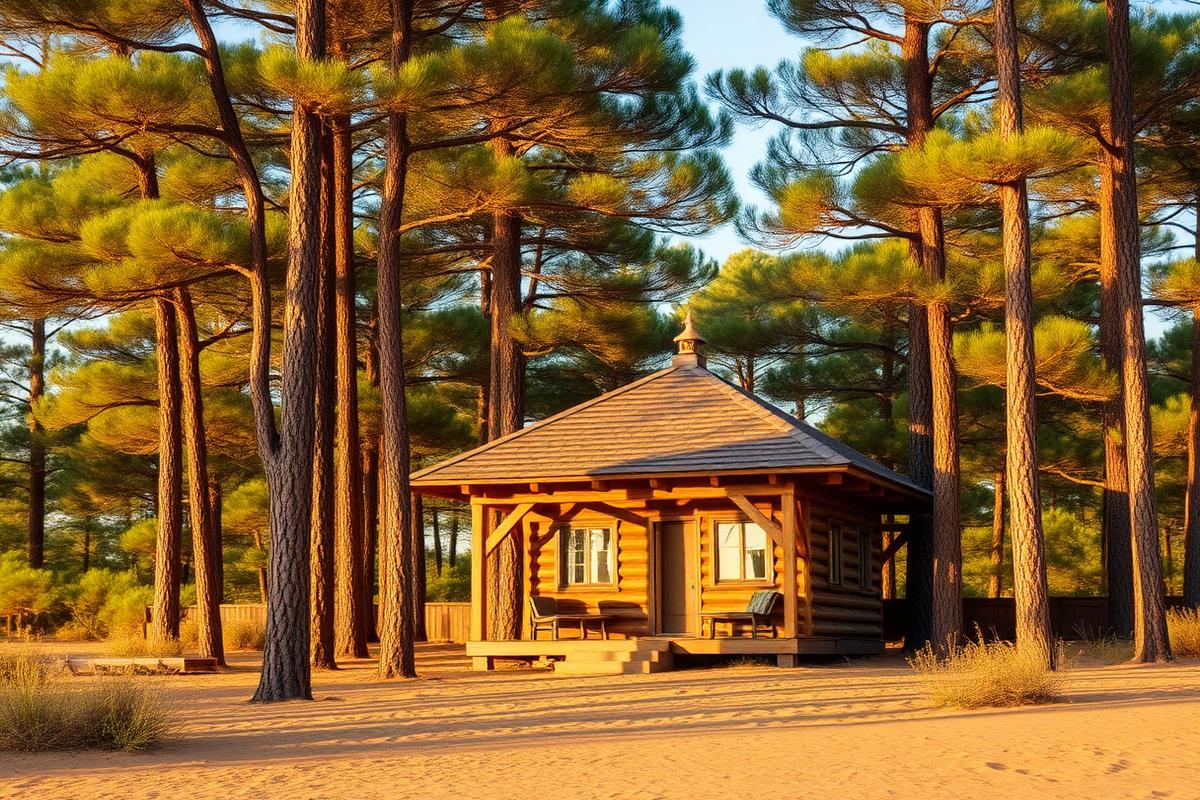Timber cabana among pines on a sand lane at Mar de las Pampas on the Argentine Atlantic coast β cheap beach houses in Argentina. Images and Photos created by www.cheap-beach-house.com
