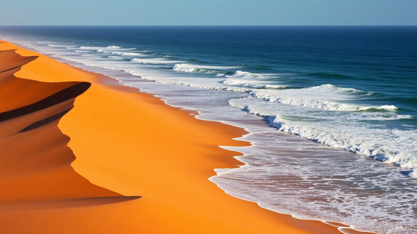 Namib desert dunes meeting the Atlantic surf near Swakopmund, Namibia — cheap beach houses in Namibia. Images and Photos created by www.cheap-beach-house.com