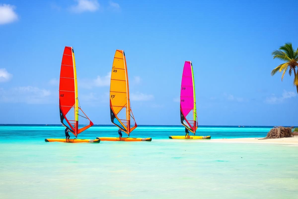 Colourful windsurf and kitesurf sails over flat turquoise water at El Yaque, Isla de Margarita, Venezuela — cheap beach houses in Venezuela. Images and Photos created by www.cheap-beach-house.com