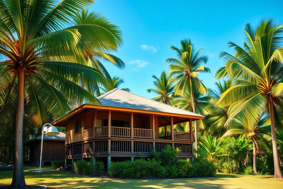 Kampung-style timber villa among palms on a Malaysian island — cheap beach houses in Malaysia. Images and Photos created by www.cheap-beach-house.com