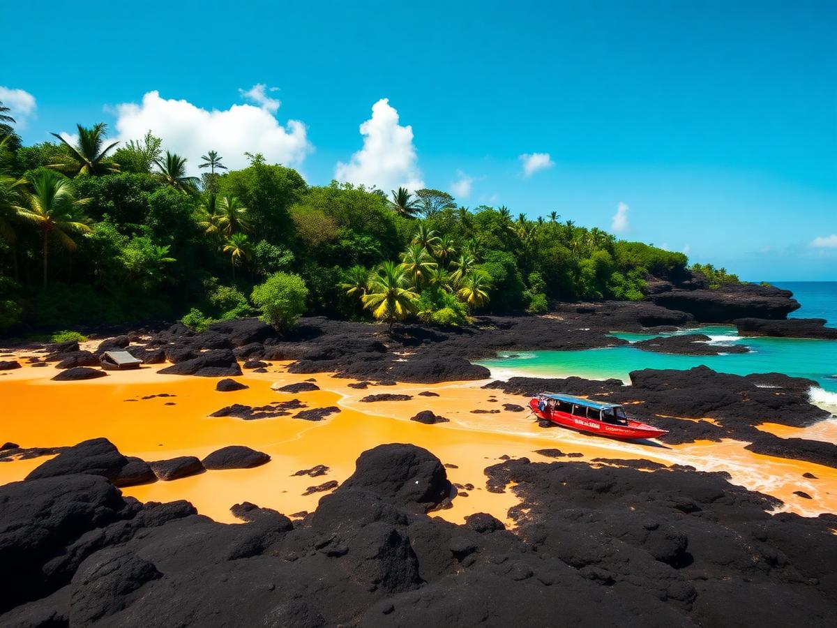Golden beach with volcanic rock pools and rainforest behind at Cap Esterias, Gabon β cheap beach houses in Gabon. Images and Photos created by www.cheap-beach-house.com
