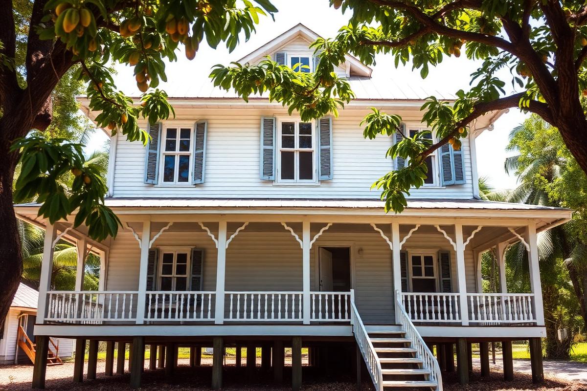 White timber colonial house on stilts with Demerara shutters in Georgetown, Guyana β cheap beach houses in Guyana. Images and Photos created by www.cheap-beach-house.com