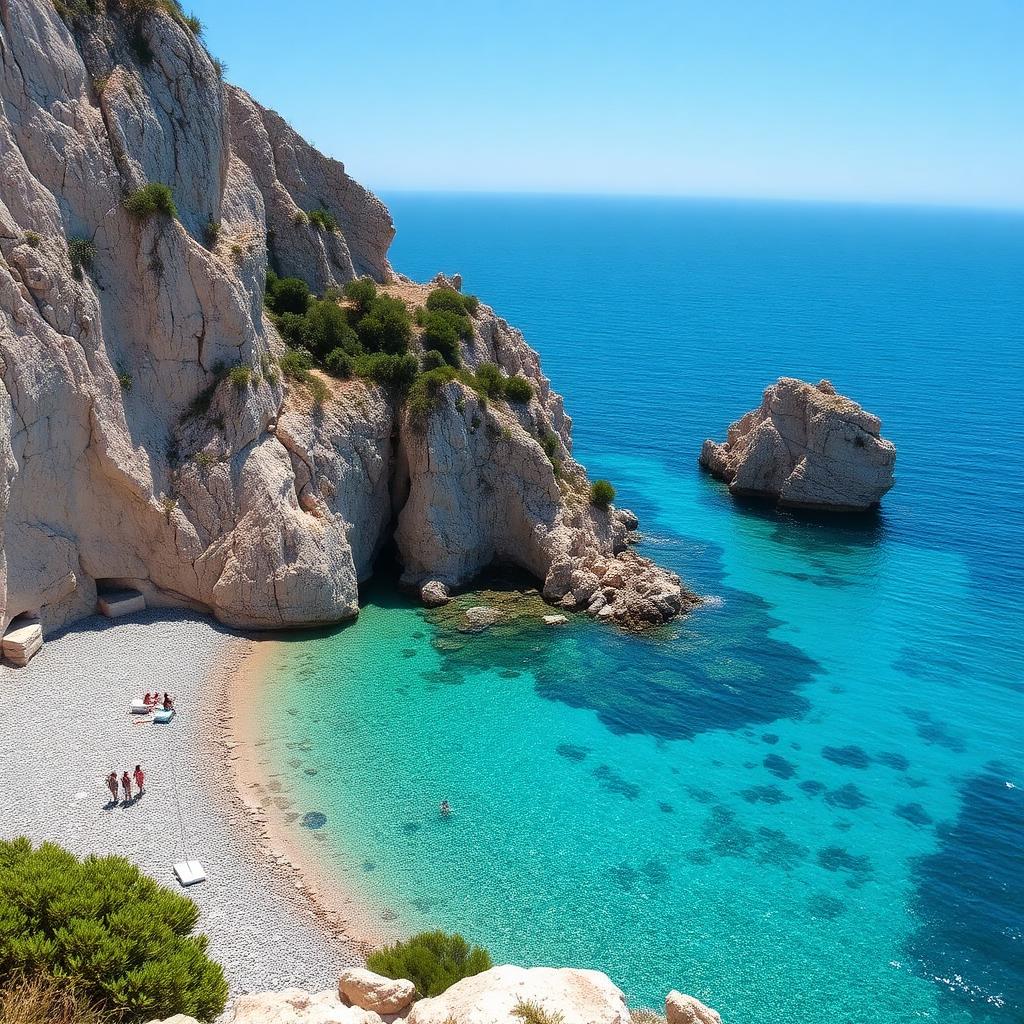 Turquoise Albanian Riviera cove with pebble beach and cliffs — cheap beach houses in Albania. Images and Photos created by www.cheap-beach-house.com