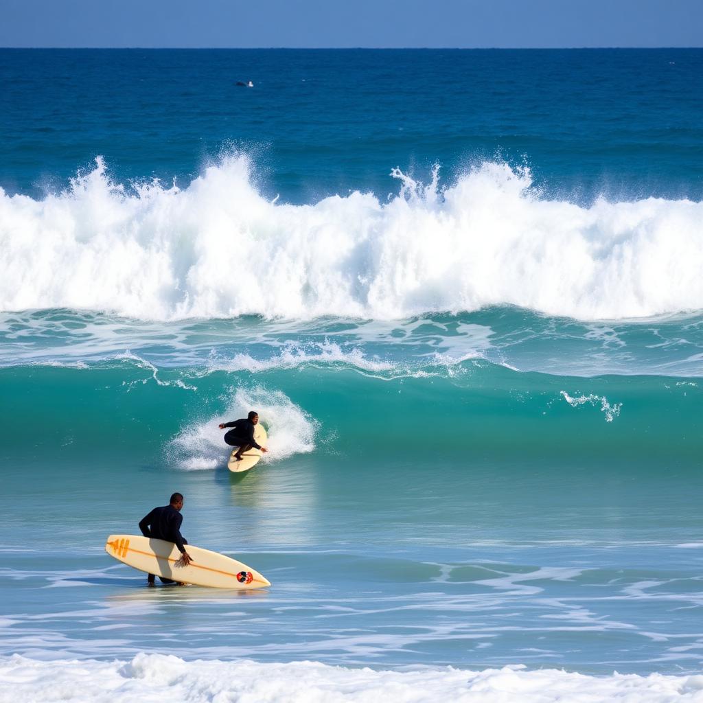 Surfers at Jeffreys Bay on the South African Eastern Cape coast — cheap beach houses in South Africa. Images and Photos created by www.cheap-beach-house.com