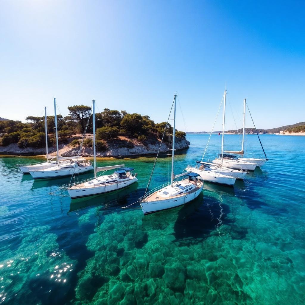 Sailboats anchored in a Croatian island bay in summer — cheap beach houses in Croatia. Images and Photos created by www.cheap-beach-house.com