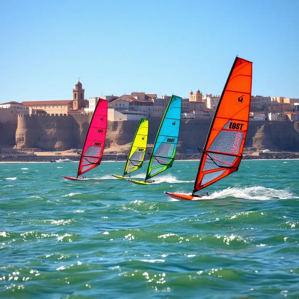 Windsurfers on the Atlantic wind at Essaouira, Morocco — cheap beach houses in Morocco. Images and Photos created by www.cheap-beach-house.com