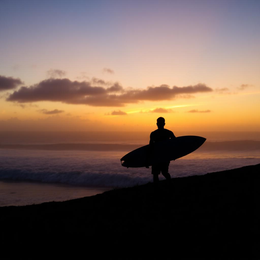 Ecuadorian surfer walking down to a Pacific point break at sunrise — cheap beach houses in Ecuador. Images and Photos created by www.cheap-beach-house.com