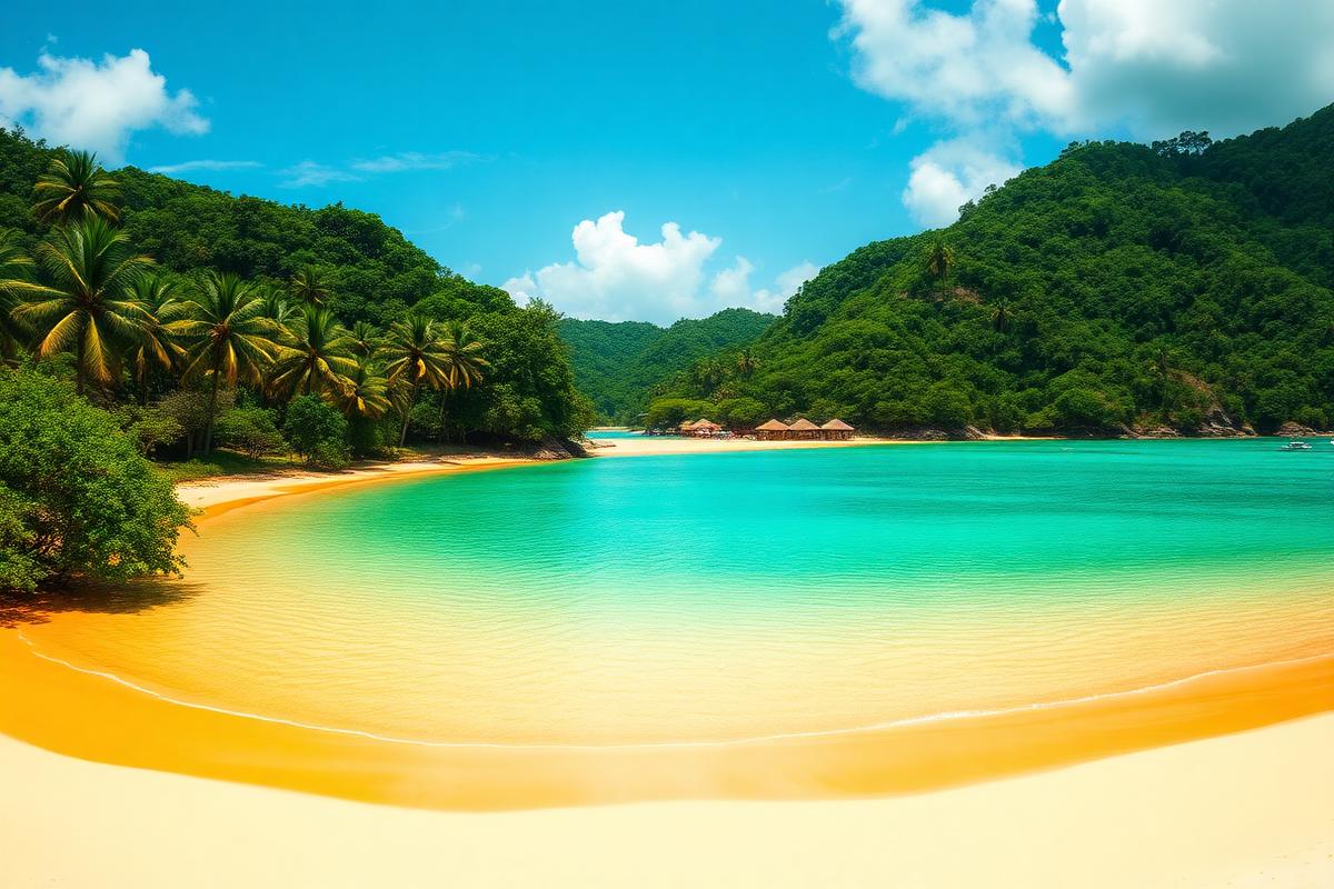 Golden crescent beach backed by dense coconut palms at Playa Medina on the Paria peninsula, Venezuela — cheap beach houses in Venezuela. Images and Photos created by www.cheap-beach-house.com