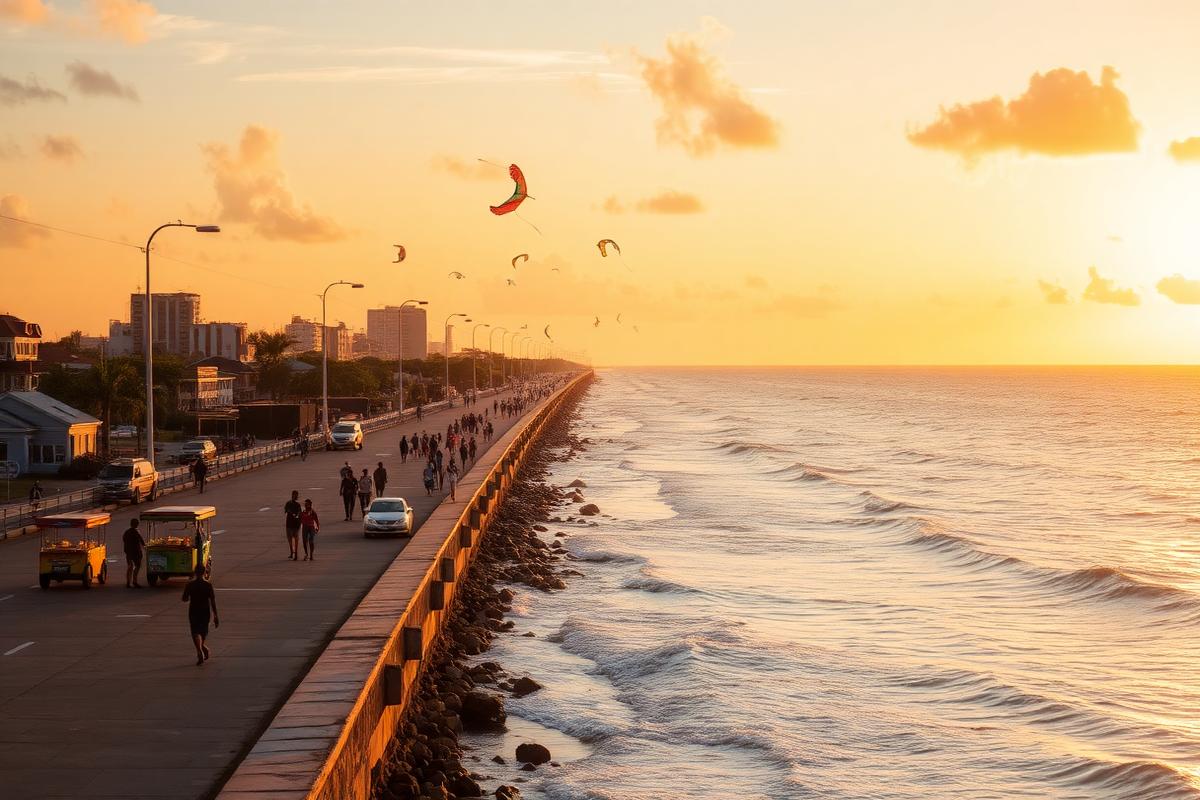 Georgetown seawall promenade at sunset with kite flyers and the wide Atlantic, Guyana β cheap beach houses in Guyana. Images and Photos created by www.cheap-beach-house.com