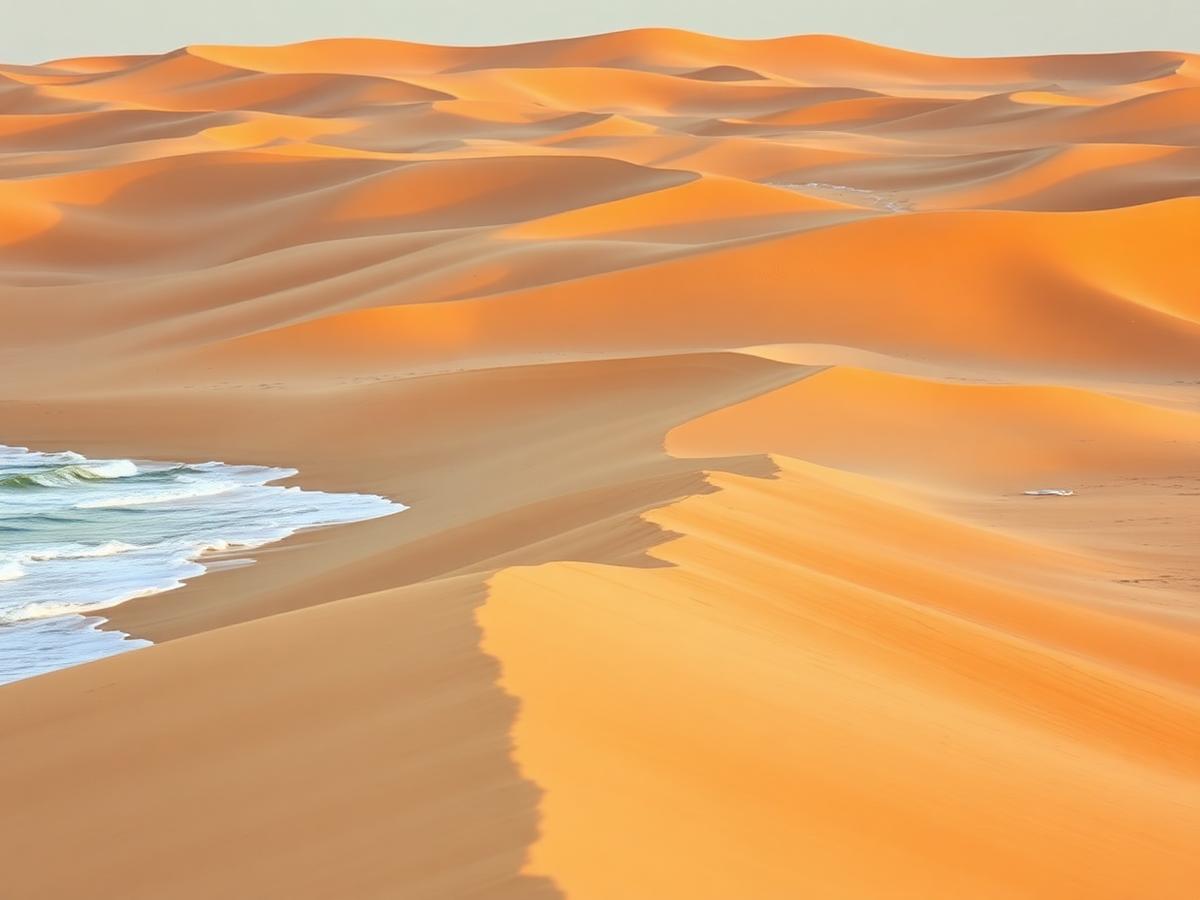 Sahara dunes running down to the Atlantic surf on the Mauritanian coast — cheap beach houses in Mauritania. Images and Photos created by www.cheap-beach-house.com