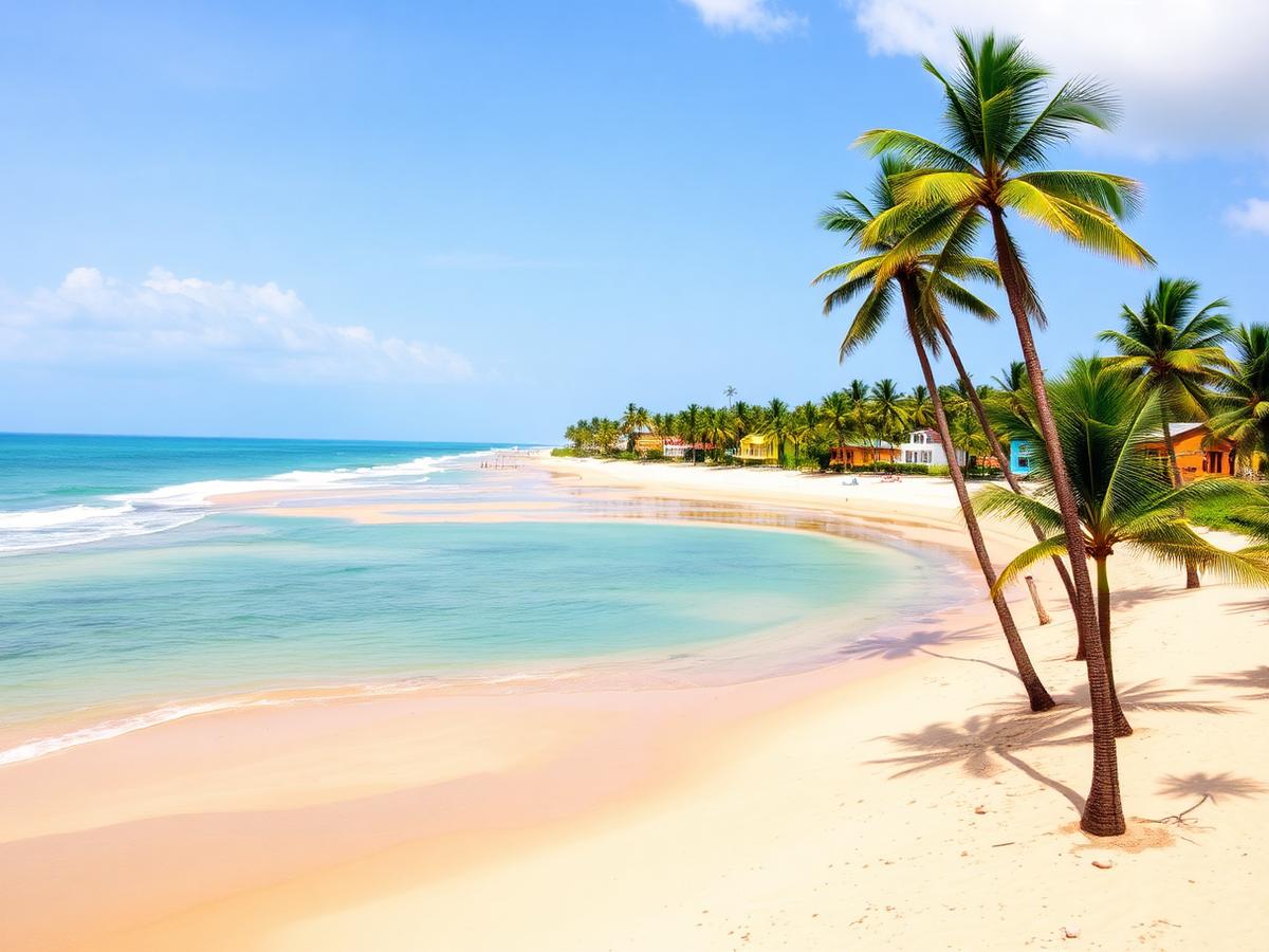 The palm-lined Restinga sandspit at Lobito with calm bay water and Atlantic surf, Angola — cheap beach houses in Angola. Images and Photos created by www.cheap-beach-house.com