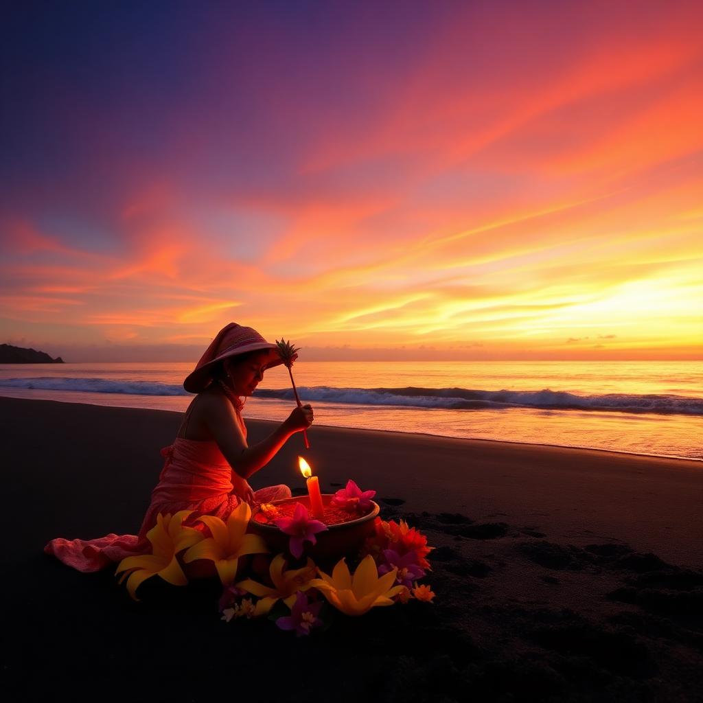 Traditional Balinese offering on a black sand beach at sunrise — cheap beach houses in Indonesia. Images and Photos created by www.cheap-beach-house.com