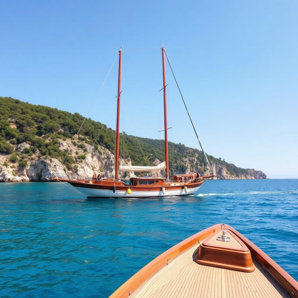 Gulet sailing boats moored in a Turkish Turquoise Coast bay — cheap beach houses in Turkey. Images and Photos created by www.cheap-beach-house.com